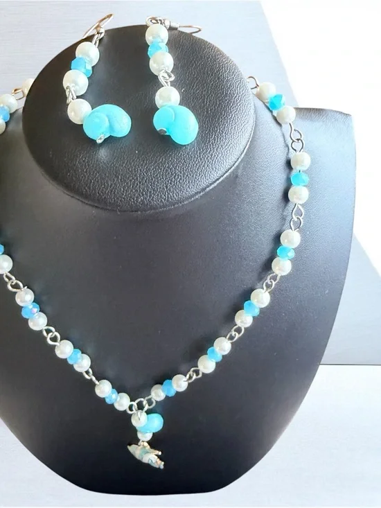 Light Blue Beaded Necklace and Earrings Set - Women Jewelry