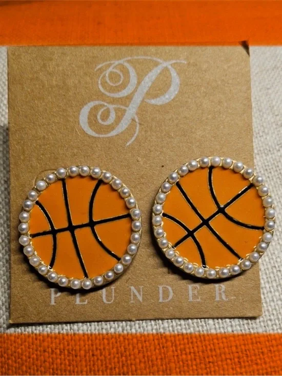 5 Plunder Kids, Teenage/sport women Orange Basketball Pearl Trim Stud Earrings