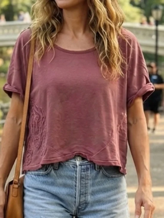 Free People Boho Embroidered Cotton T-Shirt L Faded Grunge Boho Fairy Cottage