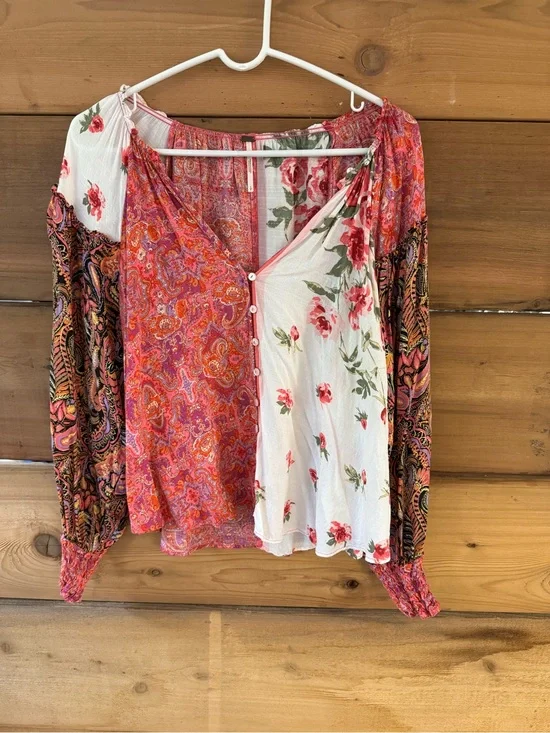 Free People Mixed Floral & Paisley Button-Front Blouse in Pink, White, Green