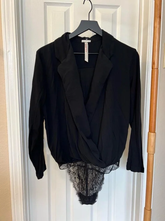 Free People Black Lace-Trim Wrap Bodysuit