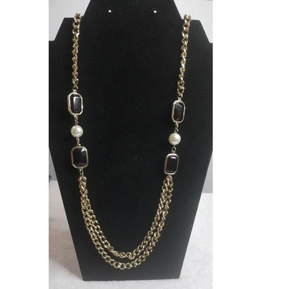 Gold Tone Long Layered Chain Necklace‎ Black Resin Faux Pearl Accents 44 Inch