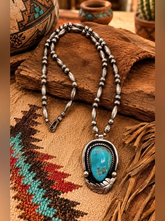 Navajo Native American Sterling Silver Turquoise Bench Bead Beaded Necklace