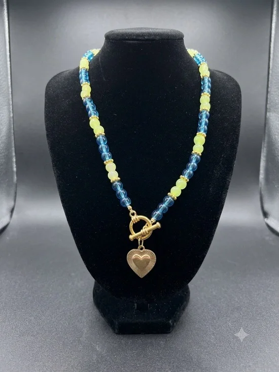 Gold Heart Toggle Necklace with Blue and Lime Beads