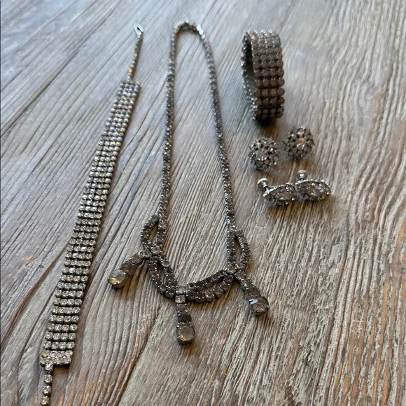 Vintage Rhinestone Jewelry Bundle Necklace, Choker, Expanding Bracelet, Earrings