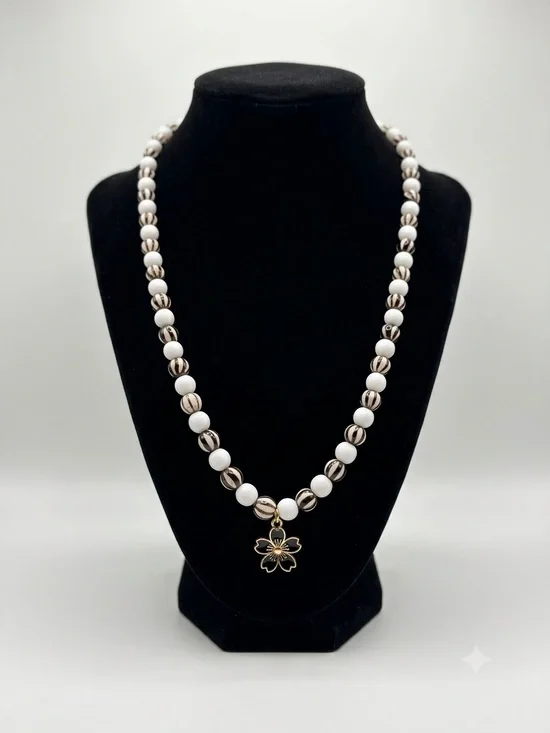 Elegant White and Gold Beaded Necklace with Flower Pendant