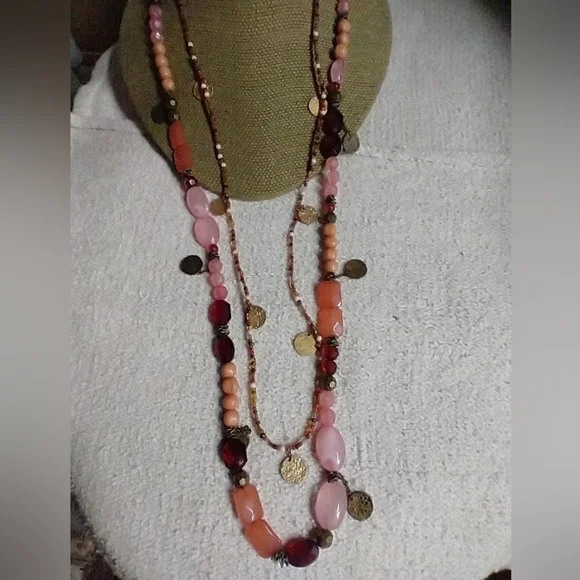Goldtone pink beaded coin necklace