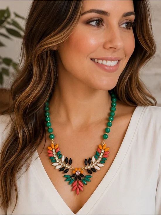 Boho Multicolor Rhinestone Floral Statement Necklace Bib Jewelry