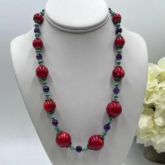 Artisan Made Coral‎ Amethyst Turquoise Sterling Silver Beaded Necklace