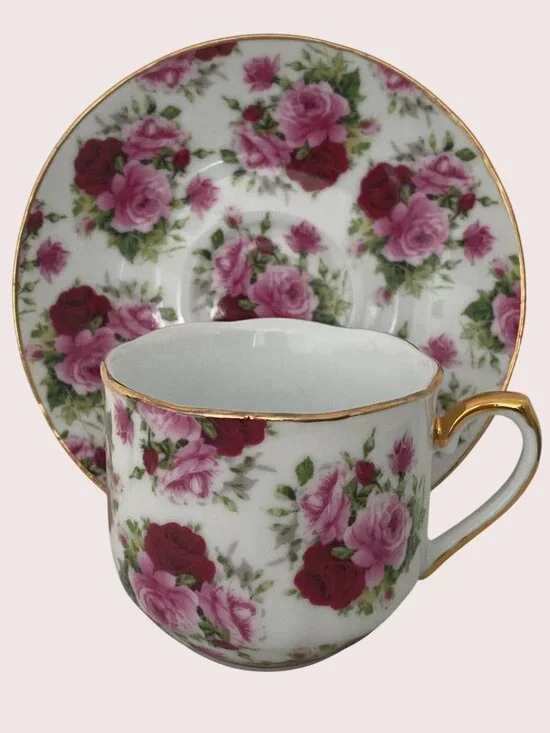 VTG Cup Saucer Floral Rose Chintz Gold Rim China No Markings Replacement