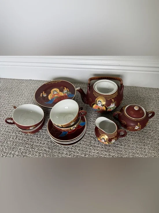 Hand-Painted Porcelain Tea Set with Japanese Motifs