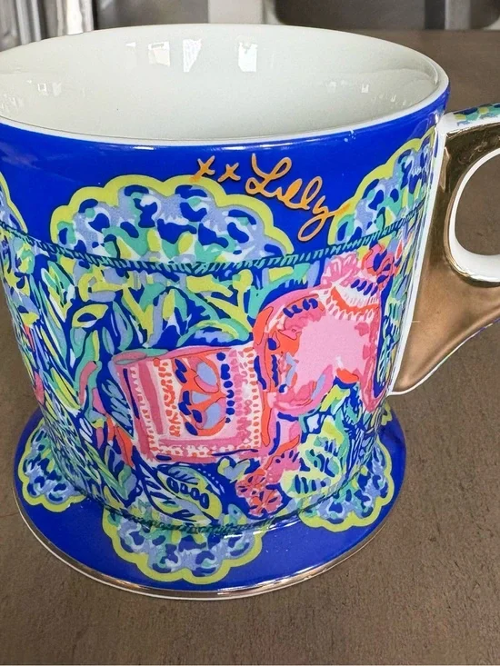 Lilly Pulitzer Blue Pink Elephant Print Tropical Ceramic Mug with Gold Handle