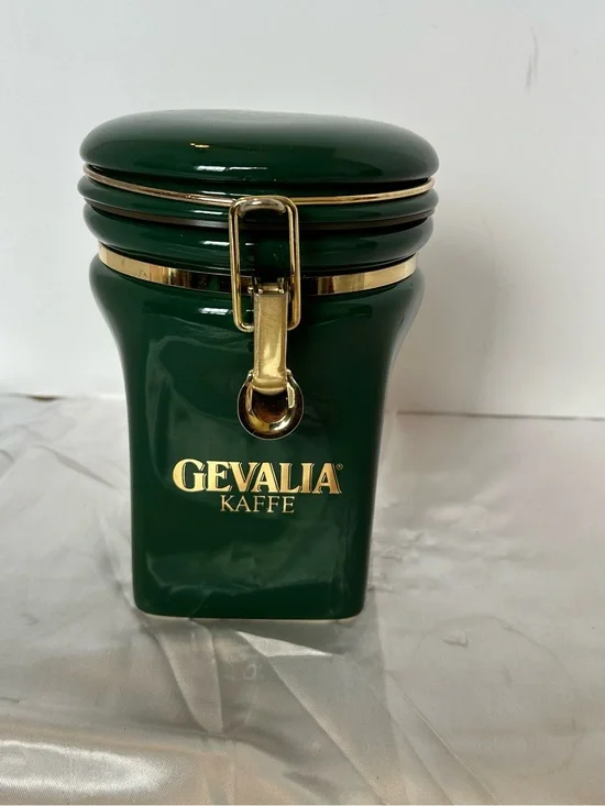 Gevalia Kaffe Canister Hinged Clamped Dark Green Gold Ceramic Holds 1 Lb
