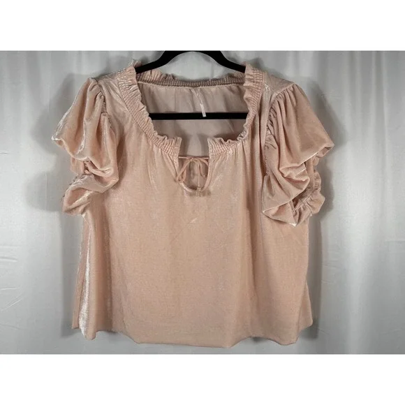 Free People Blush Pink / Peach Velvet Ruffle Sleeve Smocked Blouse Womens S‎