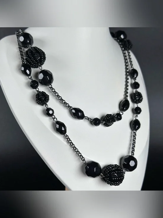 Avon Black Faceted & Textured Bead Layered Necklace