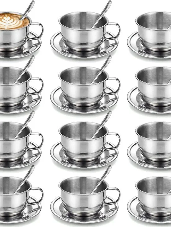 Stainless Steel Espresso Cup & Saucer Set, 12-Pack(1 Pack)
