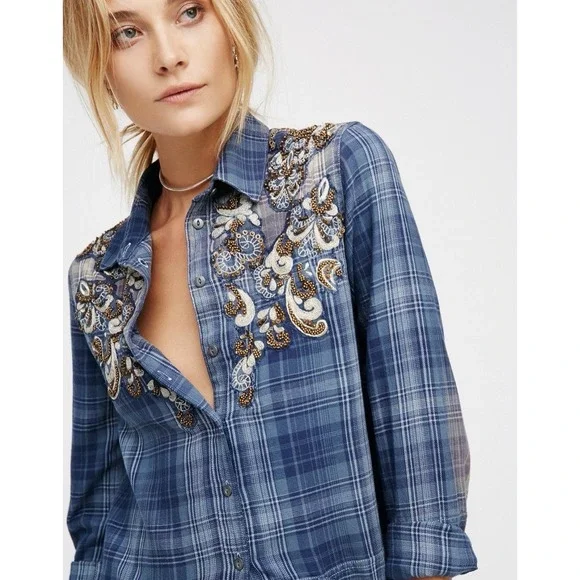 Free People Sz XS Stevie's Embellished Plaid Button-Down Shirt‎ Top Blue