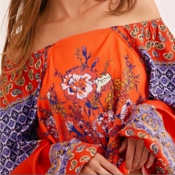 Free People Positano Orange Peasant Blouse Sz M NWT