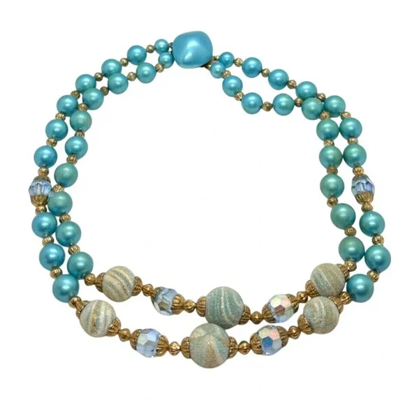 Vintage Aqua Blue Green Plastic Bead 2 Strand Tiered 16'' Necklace 1960s Retro‎