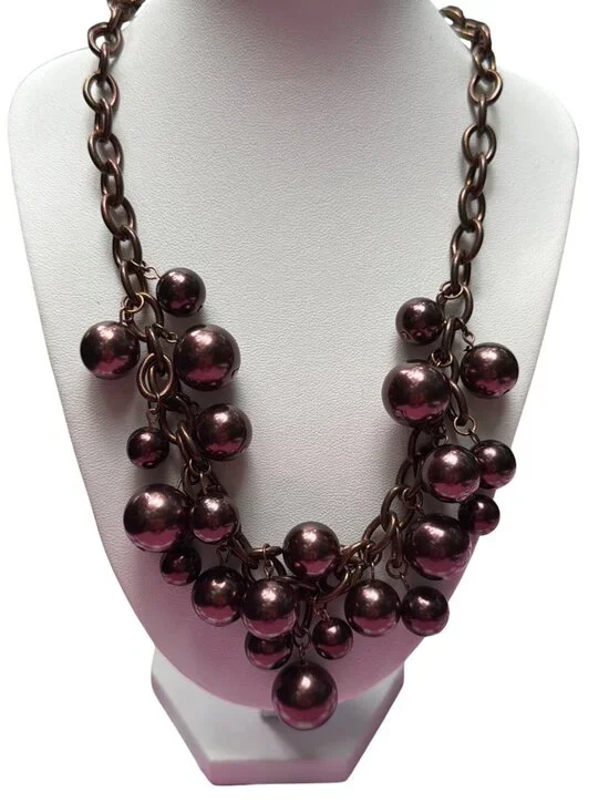 Bronze Tone Brown Bauble Bead Necklace Statement Bib Chain Link Adj 20