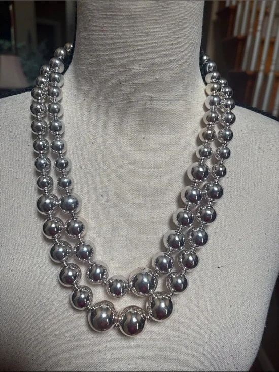 Classic Silver-Tone Double Strand Beaded Necklace