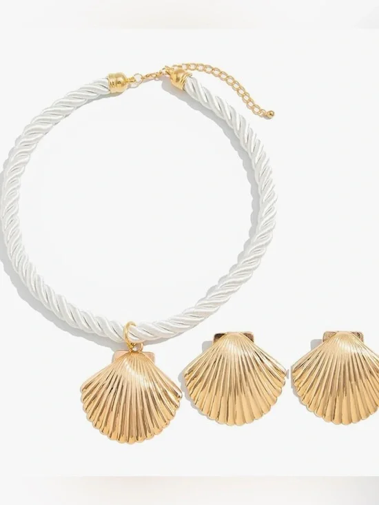 NEW Gold Shell Pendant Necklace and Earring Set - White Cord