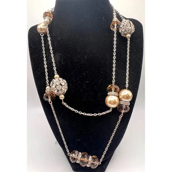 Glamorous‎ Long Champagne Crystal & Faux Pearl Station Necklace Silver Tone 40