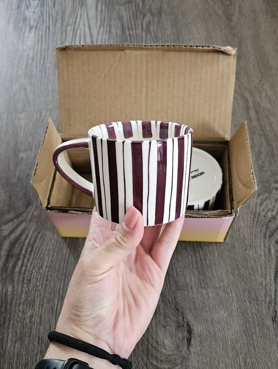 Noon & Moon Striped Set Of 2 Mugs In Cherry Lacquer NWT