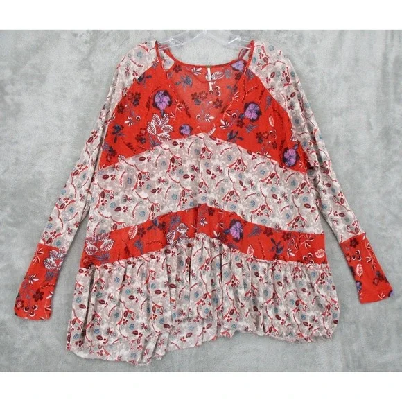 Free People Blouse Small Tiered Floral Cottage Bohemian‎ Semi Sheer Boxy Stretch