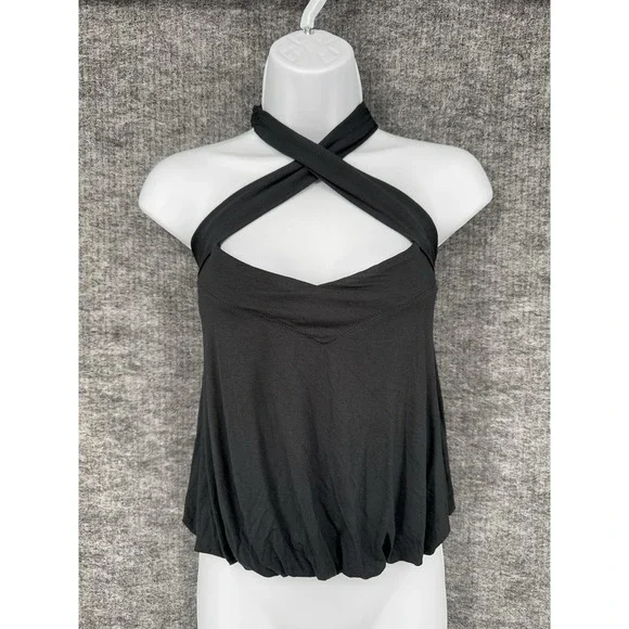 Free People Tank Top Womens S Black Halter Cross Strap Bubble Hem Cami