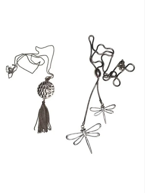 Set of 2 Silver Boho Necklaces | Tiered Dragonfly & Hammered Tassel