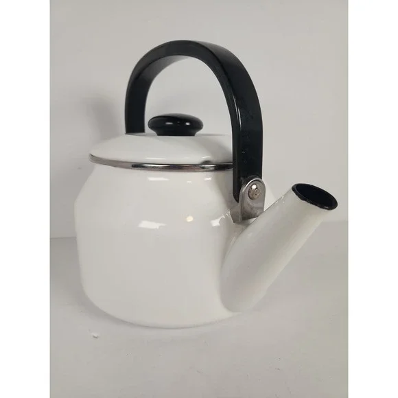 Vintage Siam Fuji Ware White Enamelware Tea Kettle 2 Qt Thailand Blue Interior