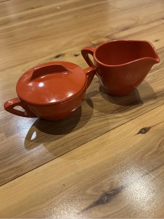 Mid Century Modern Red Melamine  Sugar Bowl and Creamer Set Made By Prolon Ware