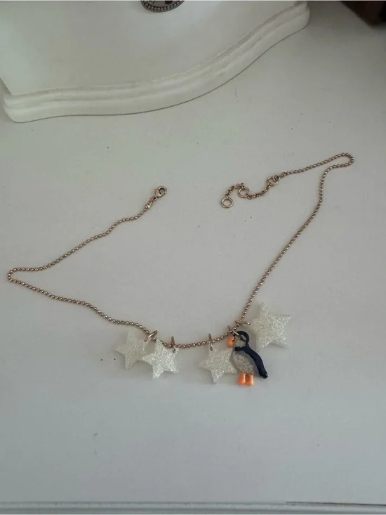 Crewcuts Gold Chain Necklace with Glitter Star Charms and Penguin Pendant