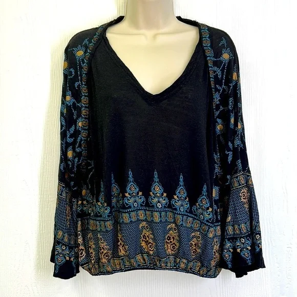 Free People - Black And Gold Medallion Peasant Boho Blouse Size XS