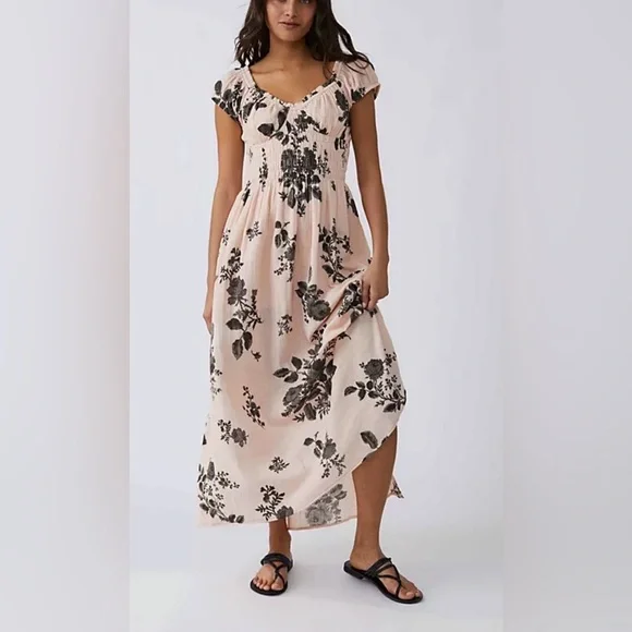 Free People - NWT Forget ME Not Short Sleeve Floral Tie Back Maxi Dress Large