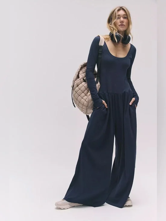 Free People Movement Hot Shot Wide-Leg Onesie Long Sleeve Jumpsuit Small Navy