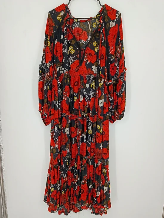 Free People Boho Black & Red Floral Long Sleeve Maxi Dress Oversized Sz L