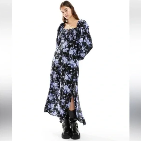 NEW Free People Jaymes Floral Print Square Neck Long Sleeves Midi Dress
