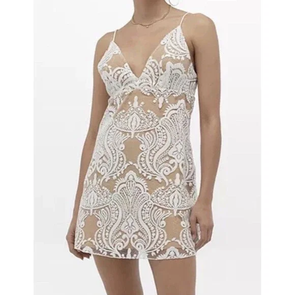Free People Night Shimmer Mini Dress Size 2 White Sequin Lace Beige Lining Party