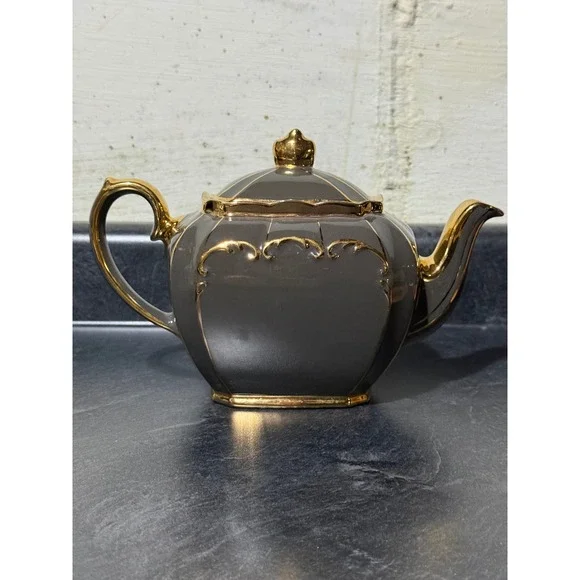 Sadler Cube Vtg Gray Ceramic Teapot 22k Gold Gilt Trim Ornate Scroll Design 1922