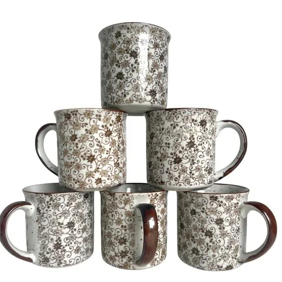 Chintz Calico Ceramic Coffee Mugs 6 Brown & White Earthtone Floral‎ Speckl