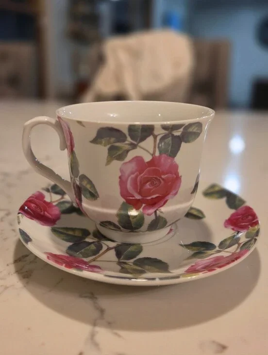 Kent Pottery Tea Cup Saucer Set Rose Pink Red Floral Cottagecore Bridgerton Chic