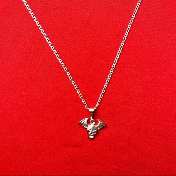 Silver‎ Winged Skull Pendant and chain Necklace
