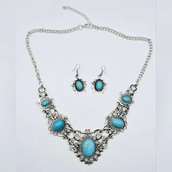 Turquoise Statement Necklace Set Silver Boho Western Bib Earrings Vintage