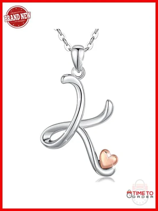 925 Sterling Silver Initial Pendant Necklace with Rose Gold Heart, 18 Inch Chain