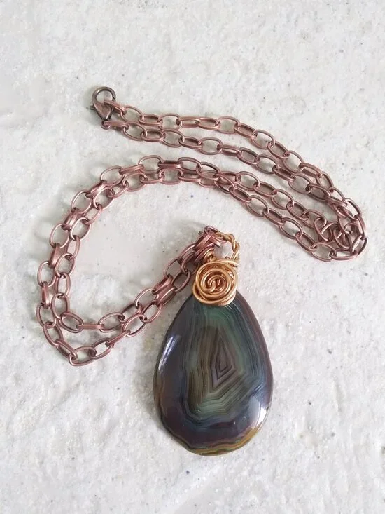Earthy Muted Browns + Greens! Gorgeous Banded Agate Teardrop Pendant + Chain!