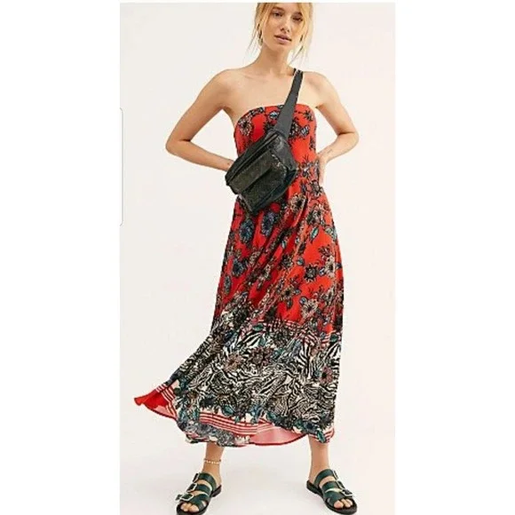 Free People Mila Strapless Floral Animal Print Maxi Dress Size 10 Boho Red