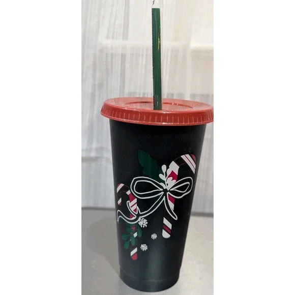 Starbucks Reusable 2020 Holiday/Christmas Cold Cup‎ Lid & Straw Candy Canes/Bows