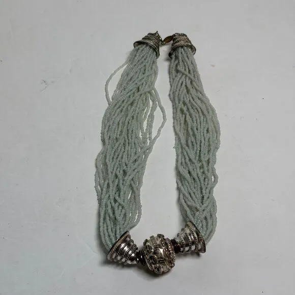Luisa Conti 30 Strand Pale Blue Seed Bead Necklace Silver Tone Statement 17.5